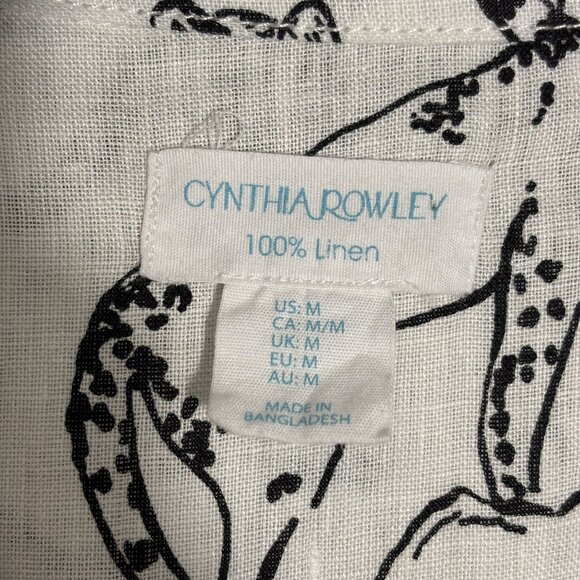 Cynthia Rowley 100% Linen Button-Up White Shirt With Black Animal Print - Picture 3 of 7